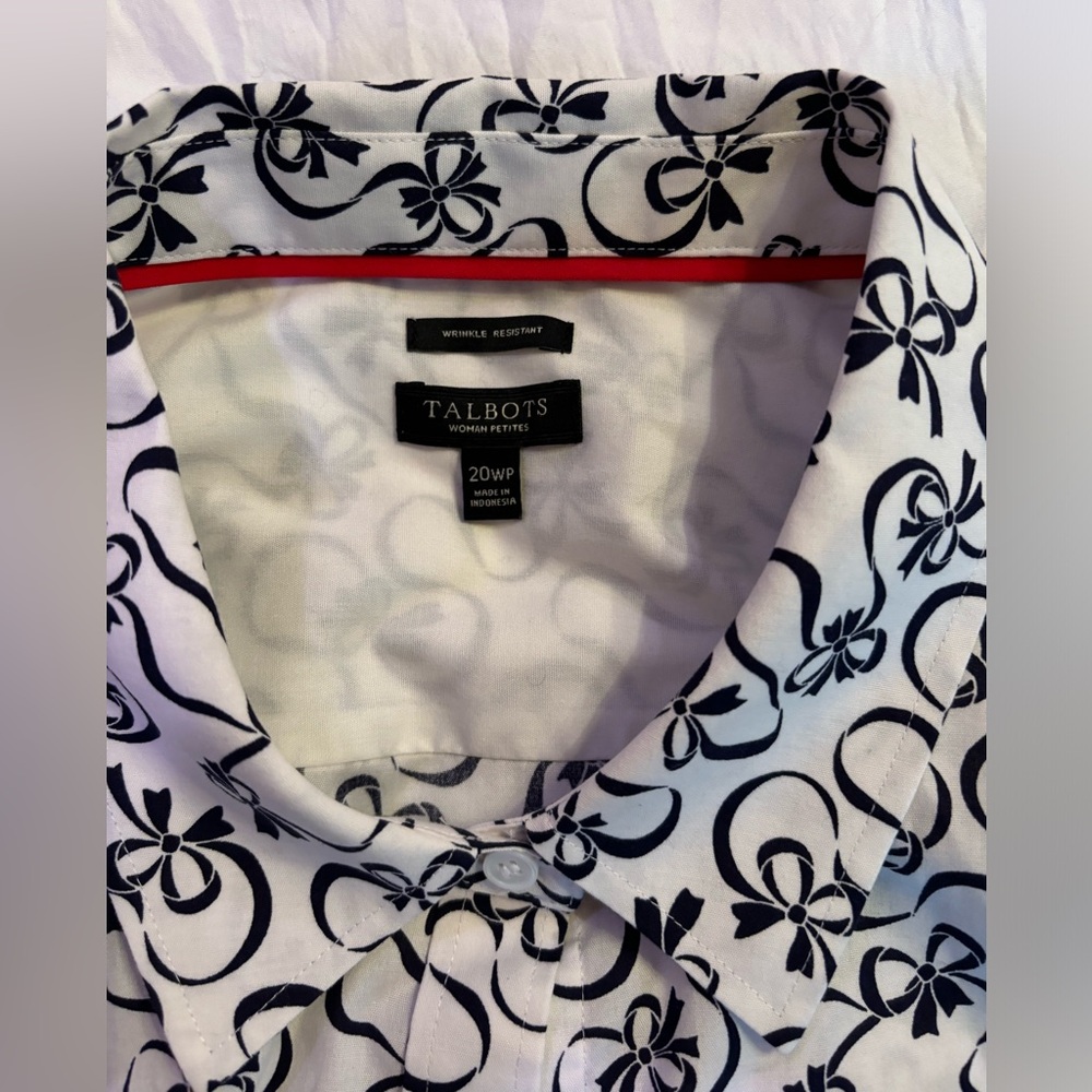 Talbots White & Navy Bow Print Long Sleeve Buttondown Shirt Women’s Size 20WP